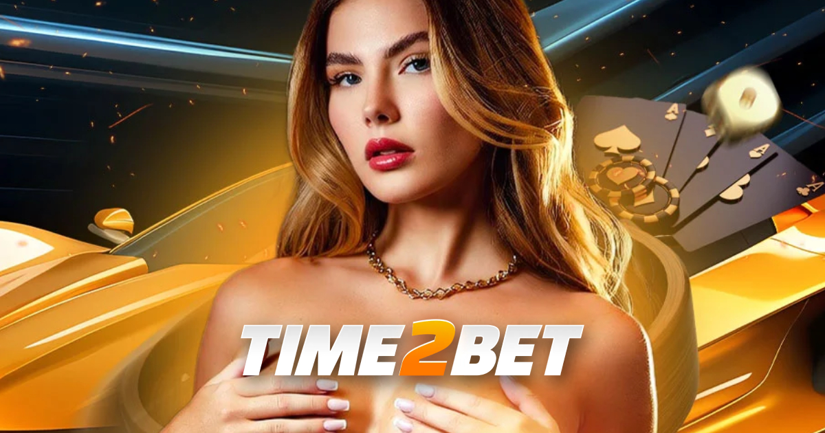 Main banner showing Time2Bet Casino welcome offer and featured games